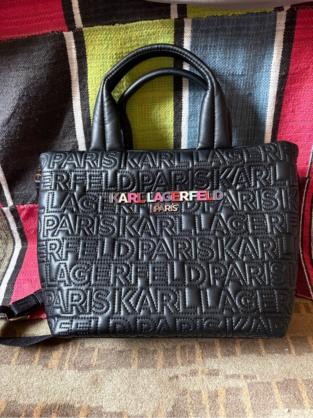 Karl Lagerfeld Black Embossed Logo Tote with Color Accent